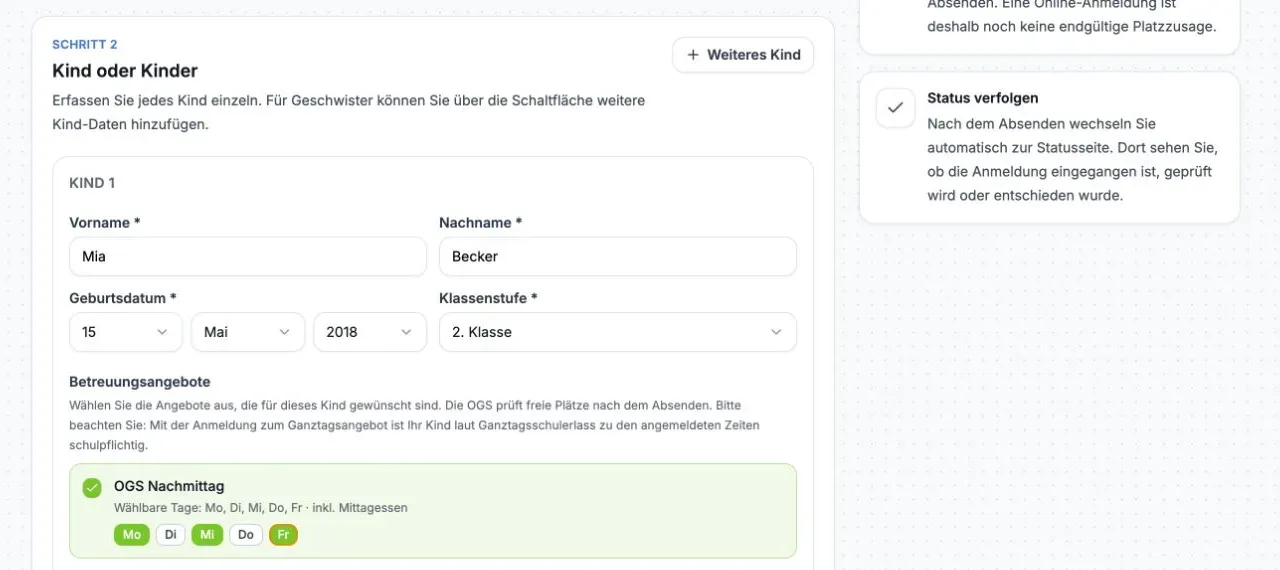 Phoenix Elternformular mit Beispieldaten eines Kindes, ausgewähltem Betreuungsangebot und Betreuungstagen